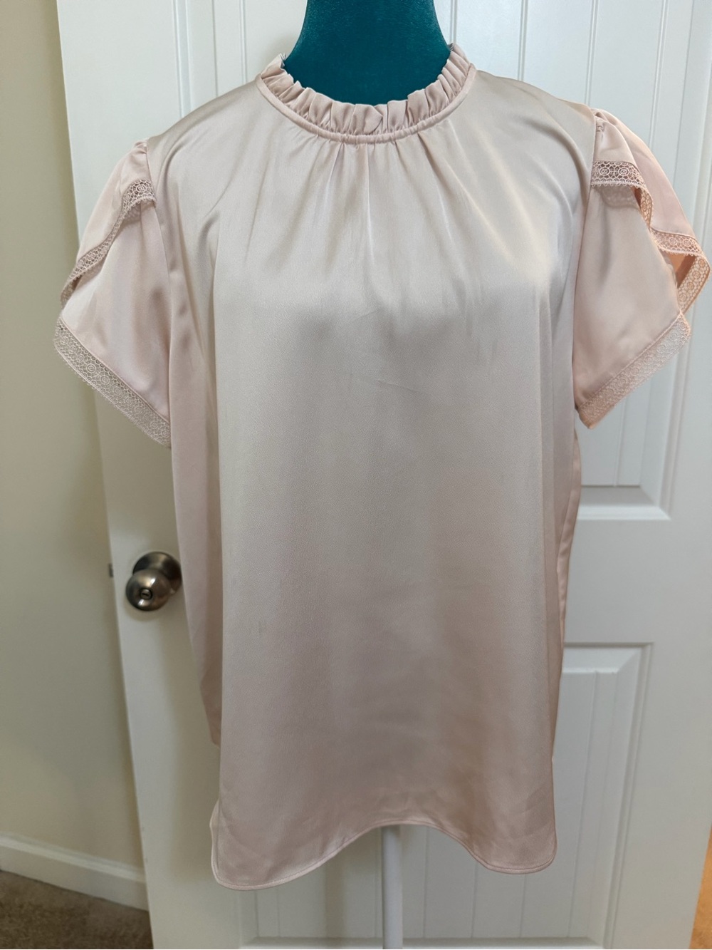 J. Crew Light Soft Pink Ruffle Neck Lace Trimmed Short Sleeves Top Sz Large